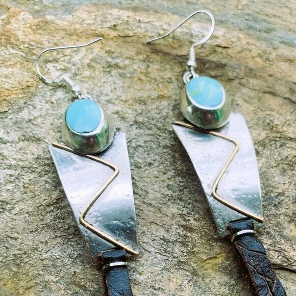 OOAK Sterling Silver/Gold Filled Panels/Oval Turquoise/Leather Tassel Earrings - Picture 5 of 7